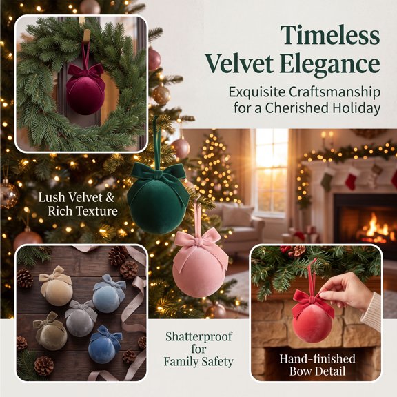 Christmas Ball Ornaments Velvet Hanging Decor with Bow, Elegant Christmas Tree Decorations, Soft Fabric Holiday Ornament for Home Christmas Party Gift by OVFUIZ