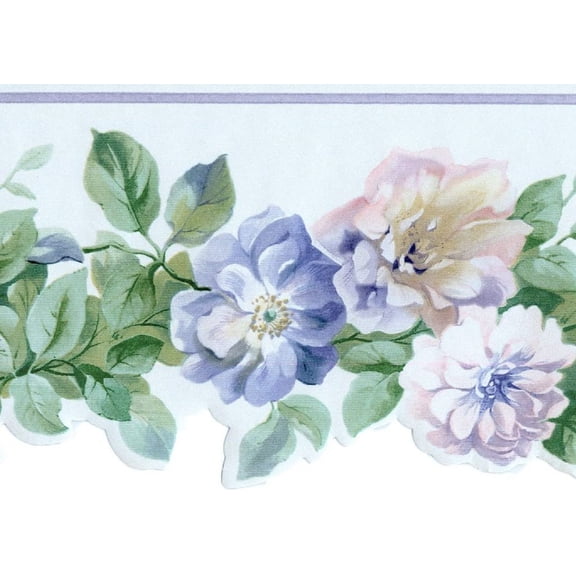 Concord Wallcoverings Wallpaper Border Floral Pattern Flowers Leaves for Living Room Bedroom, Green Pink Purple Yellow, 4.75 Inches by 15 Feet ST77753DLL