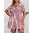 thumbnail image 2 of Women'S Plus Size Dress V Neck Short Sleeve Striped Smocked Waist A Line Short Summer Dress Pink L, 2 of 7