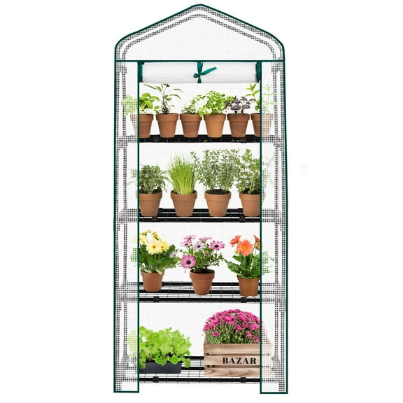 Ktaxon 4-Tier Mini Greenhouse with PE Cover, Waterproof Roll-Up Door for Garden Backyard, 27x19x62in, White