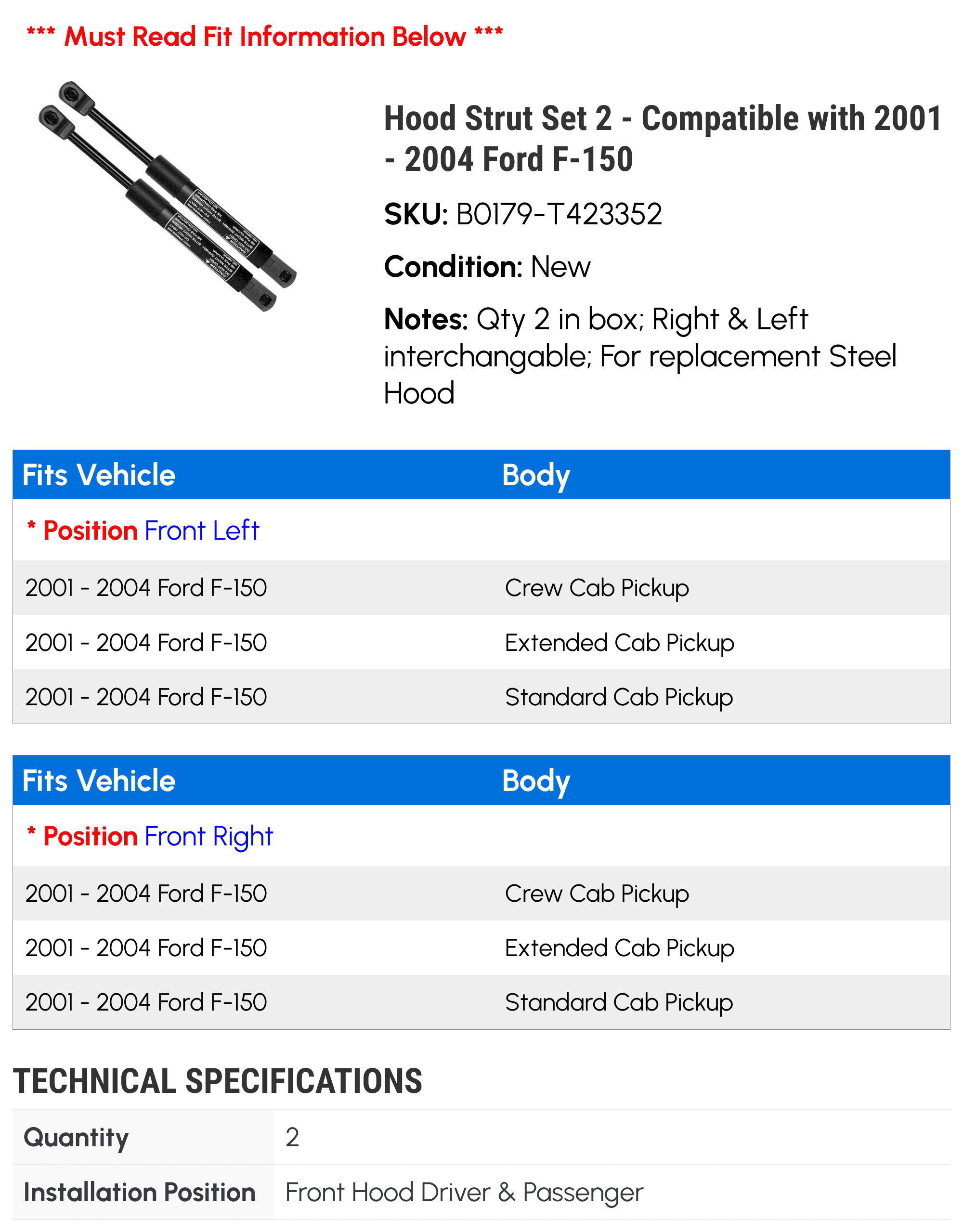 Hood Strut Set 2 - Compatible with 2001 - 2004 Ford F-150 - Autopart Premium