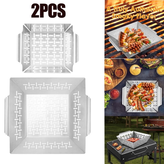 Grill Basket for Vegetables & Meat - Large Grill Wok/Pan for the Whole Family - Heavy Duty Stainless Steel Veggie Grilling Basket Built to Last - Best BBQ Accessories for All Grills & Smokers,2Pcs