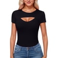 thumbnail image 2 of T Shirts for Women 2026 Summer Short Sleeve Crewneck Hollow out Ribbed Slim Fit Casual Tshirt, 2 of 6