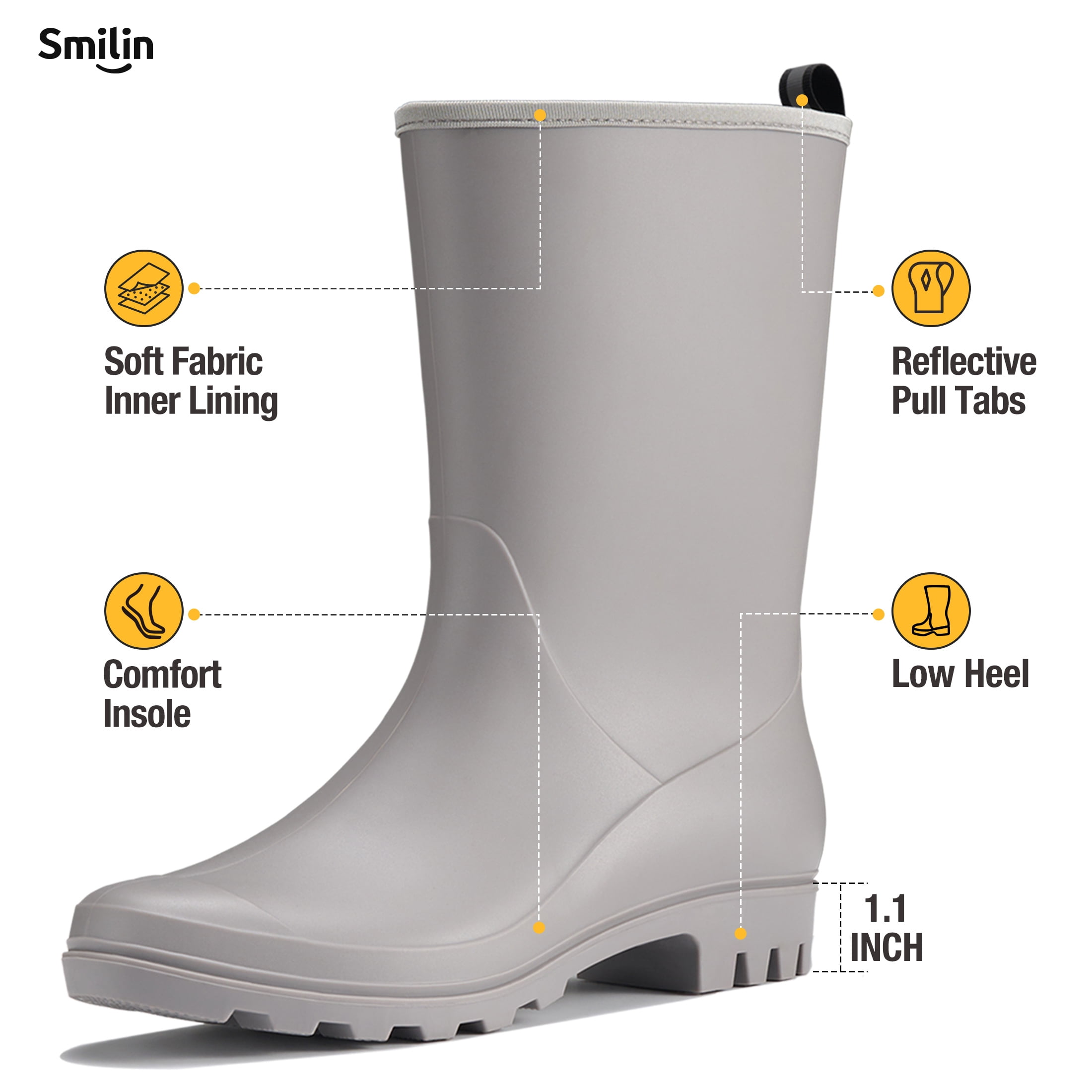SMILIN Rubber Wide Calf Rain Boots for Women, Grey, Size 9
