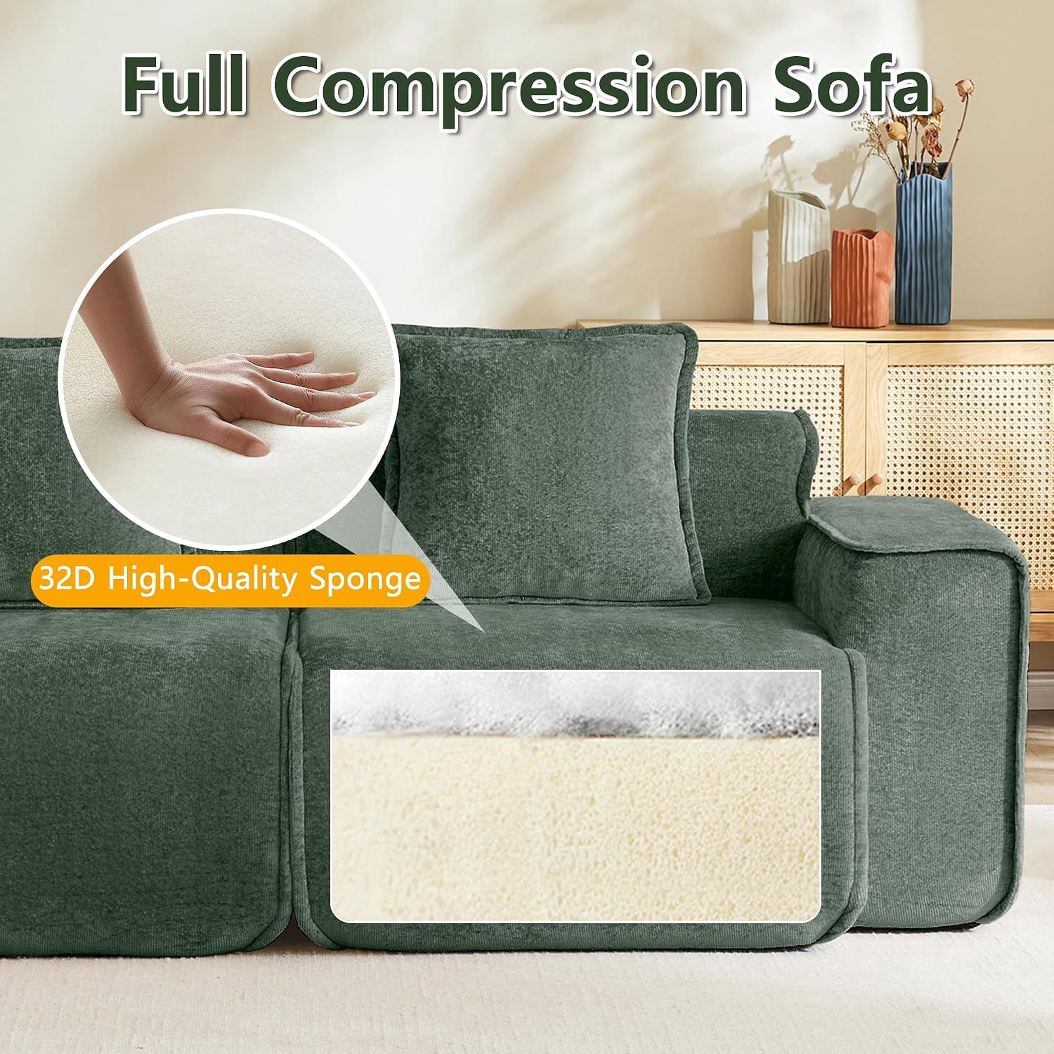 109" 3-Seat Modular U-Shaped Sectional Sofa, Green Velvet with 1 Movable Ottomans & Throw Pillows, No Assembly Required