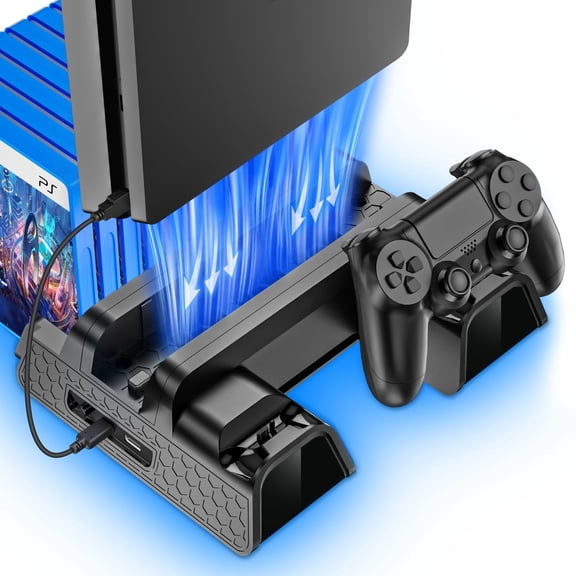 PS4 Stand with Cooling Fan for PS4 Slim/Pro/PlayStation 4, PS4 Accessories,Playstation 4 Cooling Station with PS4 Controller Charger and 12 Game Slots,Black