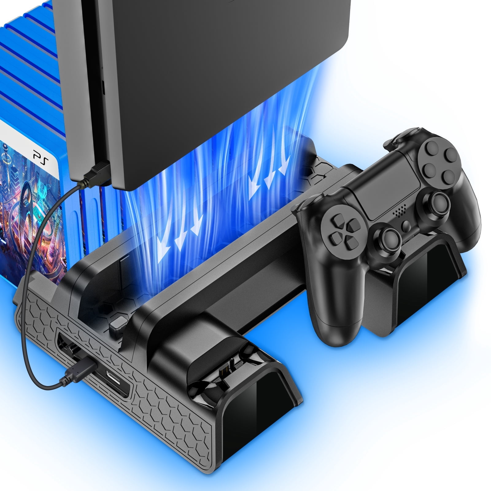 PS4 Stand with Cooling Fan for PS4 Slim/Pro/PlayStation 4, PS4 Accessories,Playstation 4 Cooling Station with PS4 Controller Charger and 12 Game Slots,Black