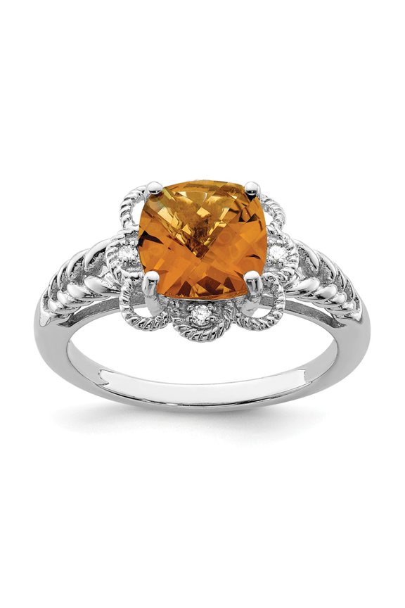 White Sterling Silver Ring Band Gemstone Quartz (Whiskey) Cushion Diamond