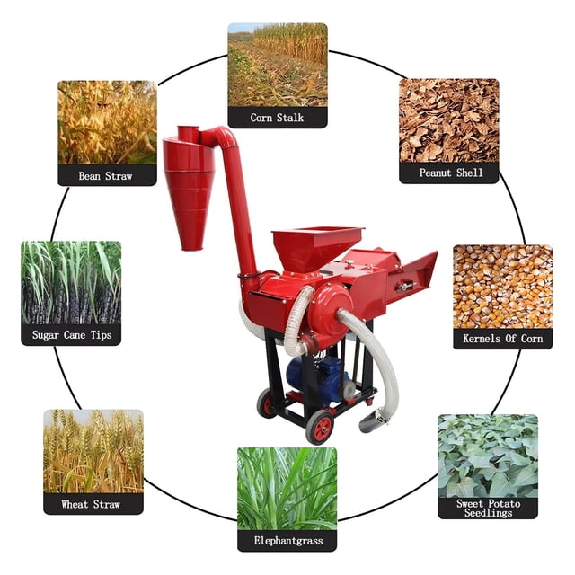 Integrated Grass Chopper Crusher Hay Cutter with Grain Self-Priming Device & Cyclone Dust Collector 220V