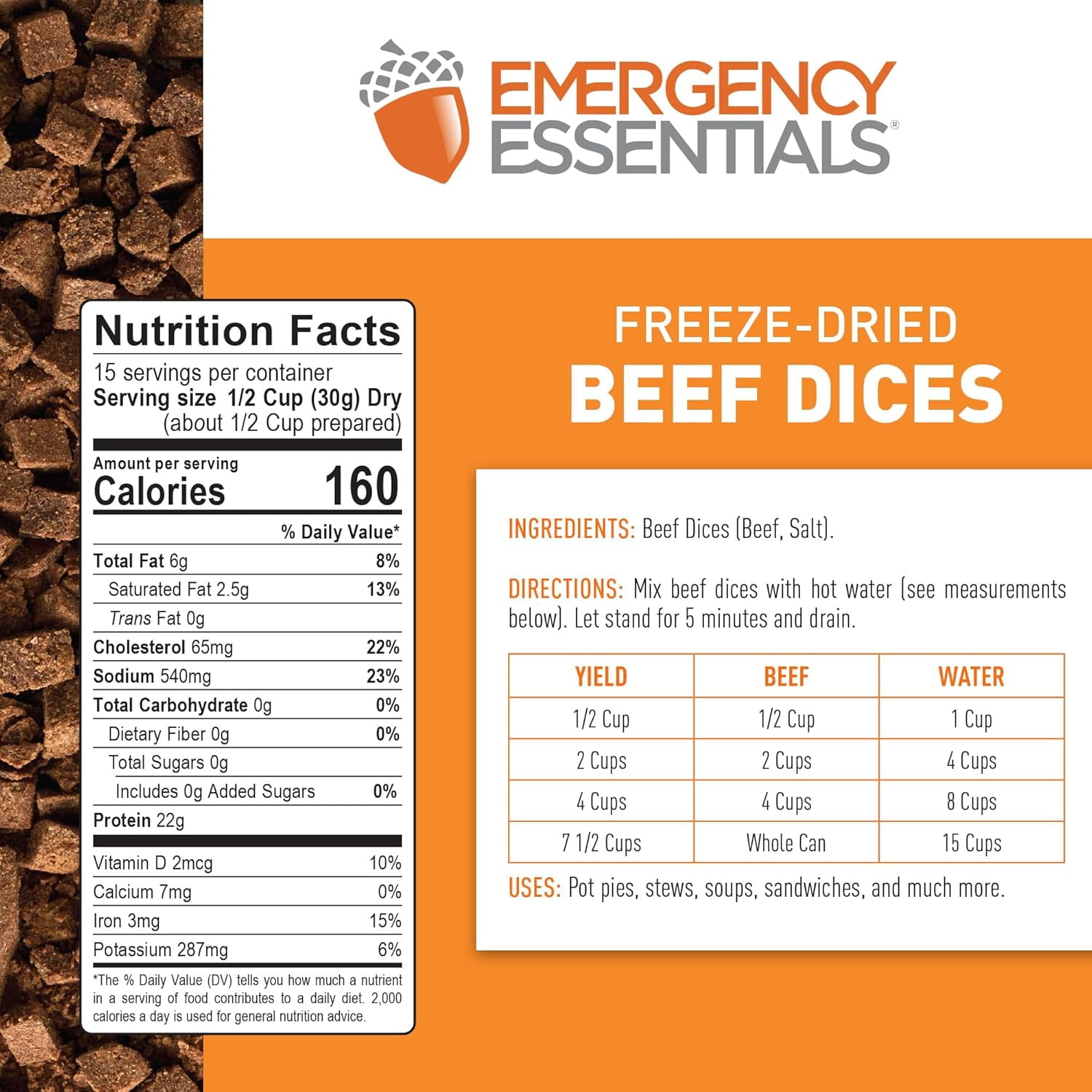 Emergency Essentials Freeze Dried Beef Dices #10 Can | Real Cooked Beef for Long Term Emergency Food Storage | Bite Size Chunks for Everyday Cooking, Soups, Stews, Camping, and Home Preparedness