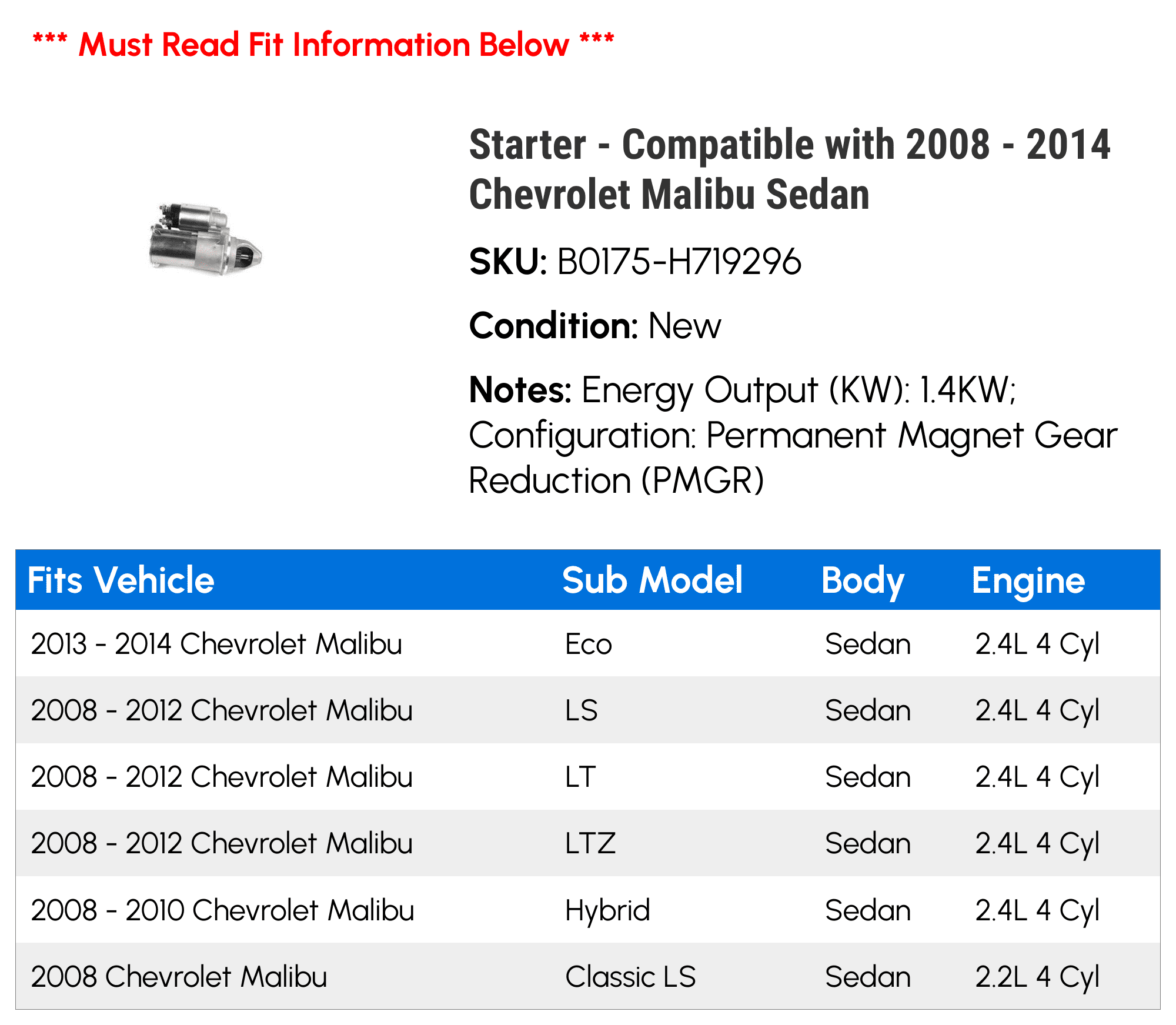 Starter - Compatible with 2008 - 2014 Chevy Malibu Sedan 2009 2010 2011 2012 2013