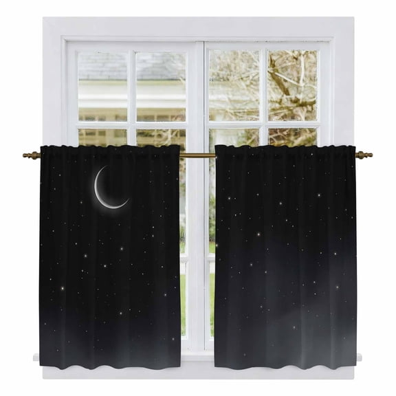 Night Stars Moon Kitchen Curtain for Berdoom Living Room Cafe 54 Inch Length, Modern Abstract Art Cloud Fog Tiers Curtains Light Filtering Drapes Rod Pocket Window Treatment 2 Panels 52"Wx54"L