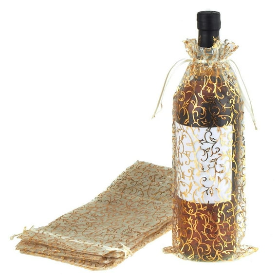 Holiday Swirl Organza Wine Bottle Bags, 13-Inch, 12-Piece, Ivory/Gold