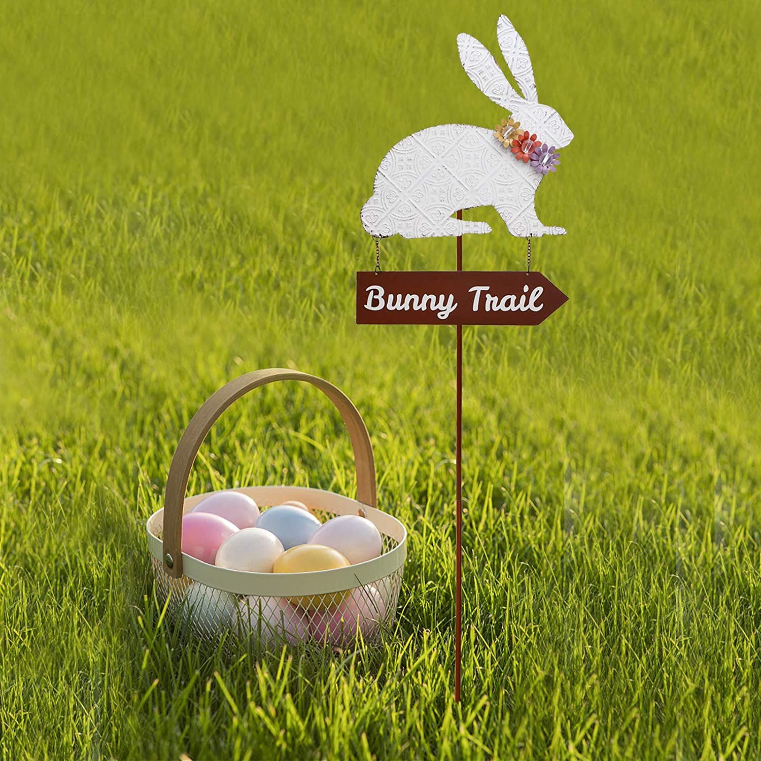 Easter Bunny Yard Stake, Outdoor Metal Easter Bunny Garden Stake Statue Décor Easter Yard Sign Decoration Outdoor for Easter Spring Holiday Lawn Patio Backyard Easter Home Garden Decor (White Bunny) - image 4 of 7