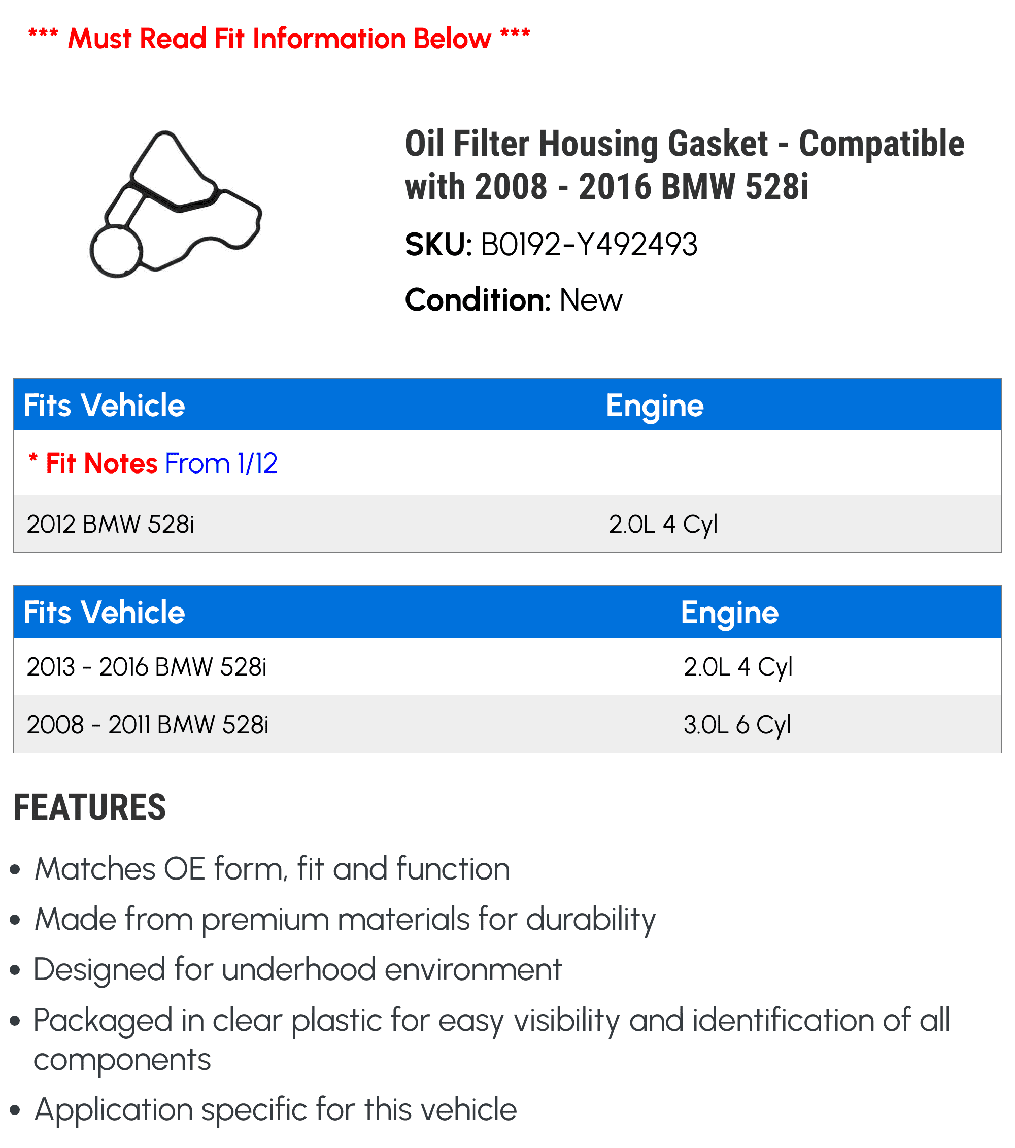 Oil Filter Housing Gasket - Compatible with 2008 - 2016 BMW 528i - Beck Arnley