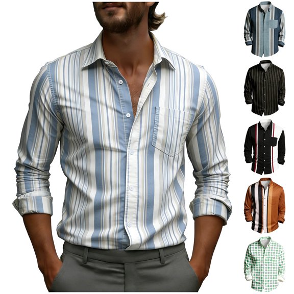 Asxite Mens Plus Size Tops Fall Striped Print Casual Business Pocket Long Sleeve Shirts