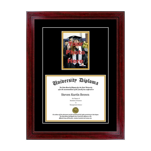 Single Diploma Frame with 5x7 Photo and Double Matting for 8.5" x 11" Tall Diploma with Cherry 1.5" Frame