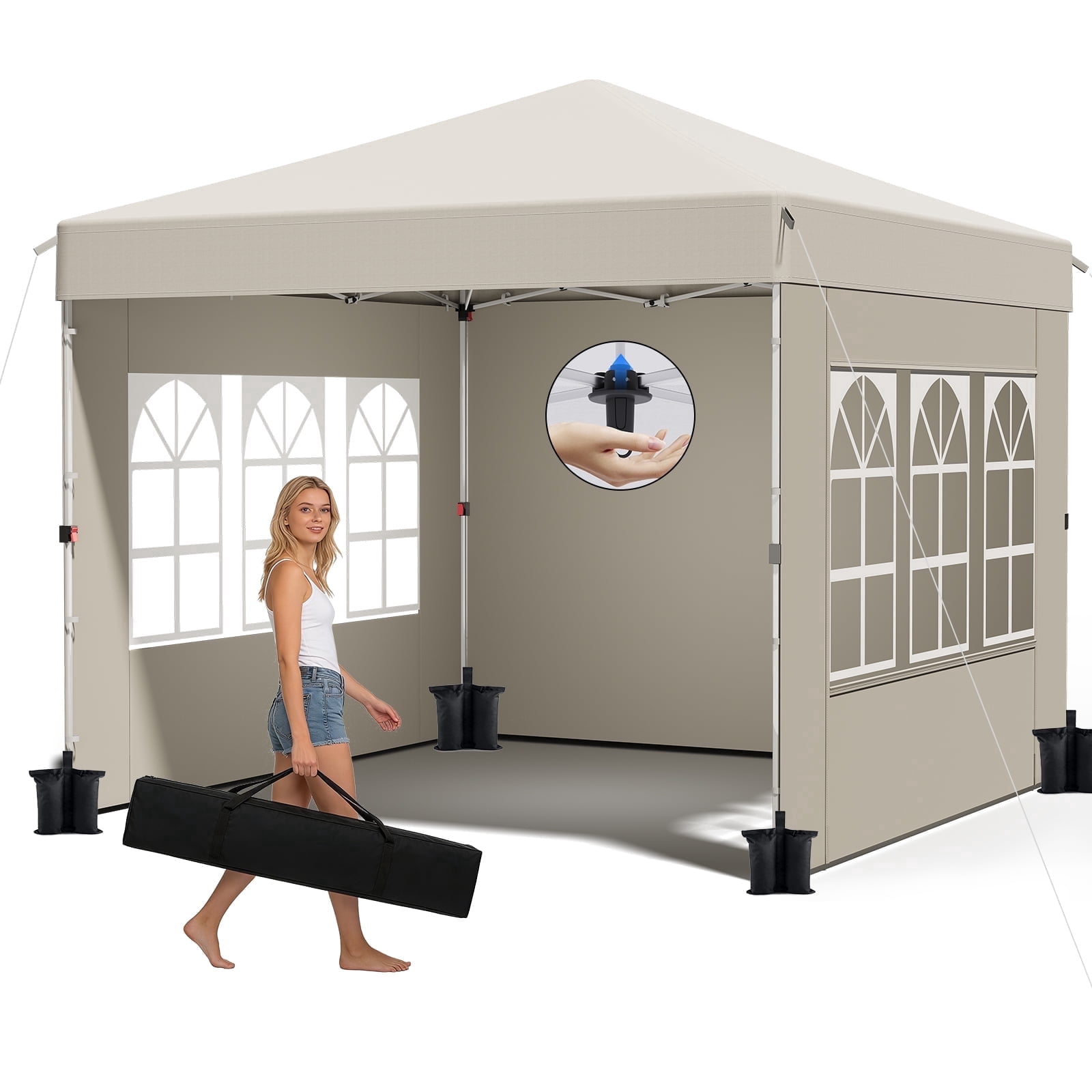 10 ft x 10 ft Instant Outdoor Canopy Tent with 3 Sidewalls, 4 Sandbags and UPF 50+ Sun Protection, Beige White