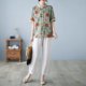 thumbnail image 2 of Camisa de manga corta ajustada con temperamento estampado artístico de algodón y lino de verano + pantalones de algodón y lino, 2 of 5