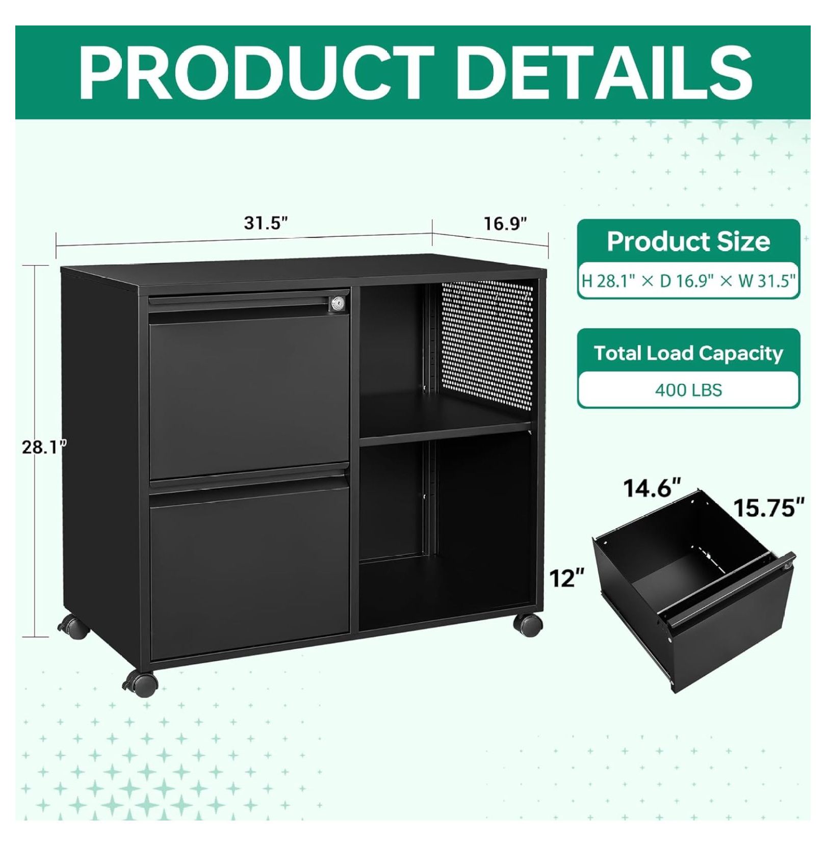 WDZS Mobile File Cabinet, Metal Lateral Rolling Printer Stand Filing Cabinets with Shelves for Home Office-Storage A4/F4/Letter (Black)