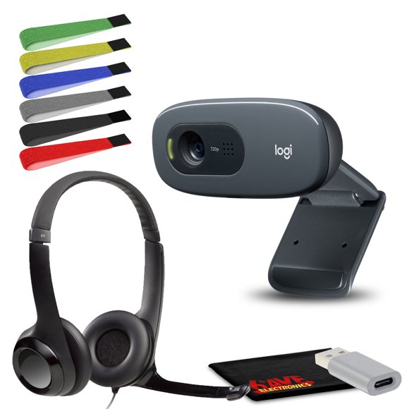 Logitech C270 Webcam, HD 720p Video Calling With Built-in Microphone Web-Cam For Desktop Monitor, PC / Computer, Laptop, Web Camera Bundle With Logitech Clear Chat H390 USB Headset And Accessories