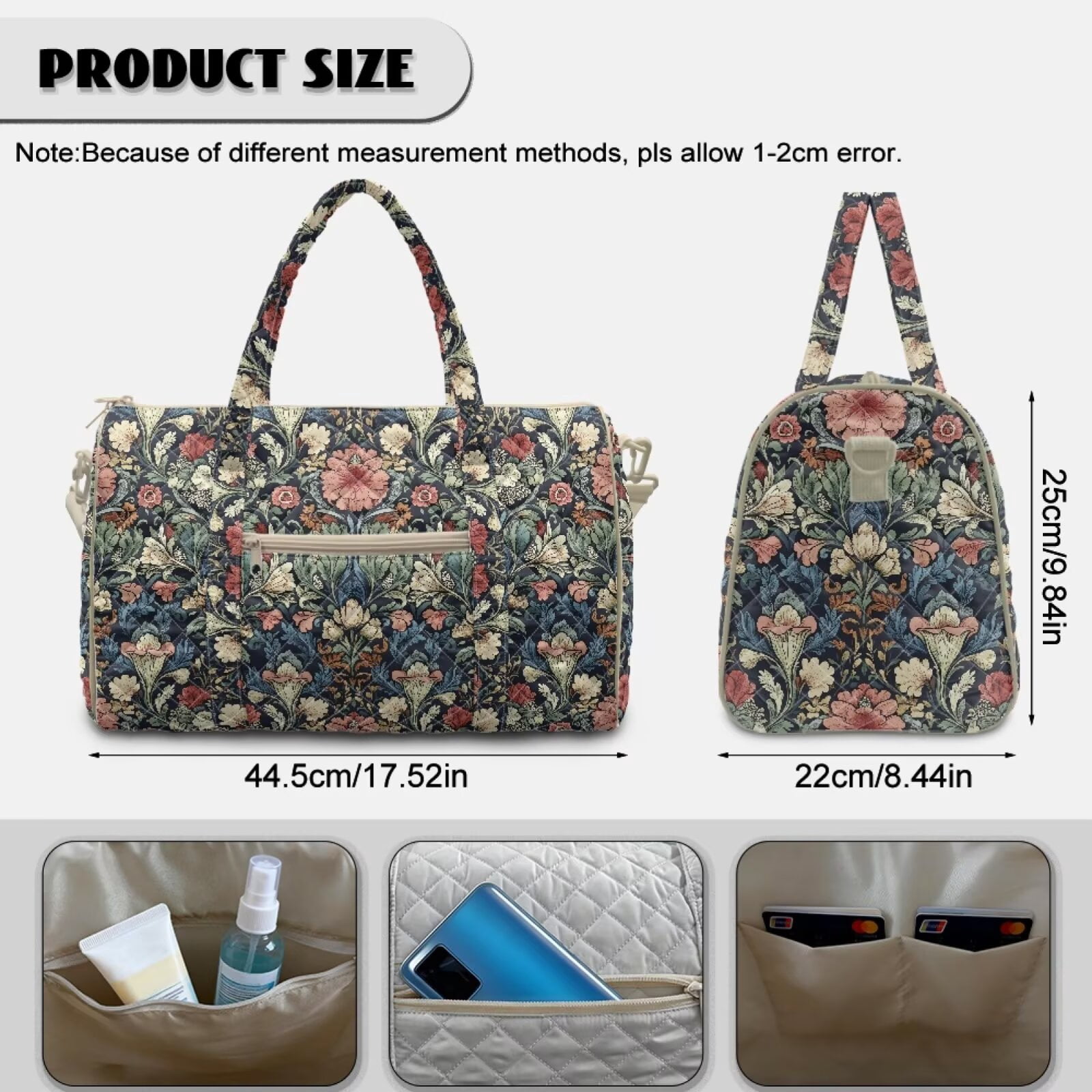 Chririnla Classic Dark Floral Print Quilted Sports Bag Universal Fit Gym Duffle Casual Change Bag with Separate Compartment & Polyester Fabric for Women Men