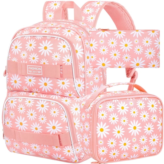 3PCS Daisy Girls Backpack, 17 Inch Laptop School Bookbag Teen College Water Resistant Kids Backpacks with Lunch Box Set - Pink