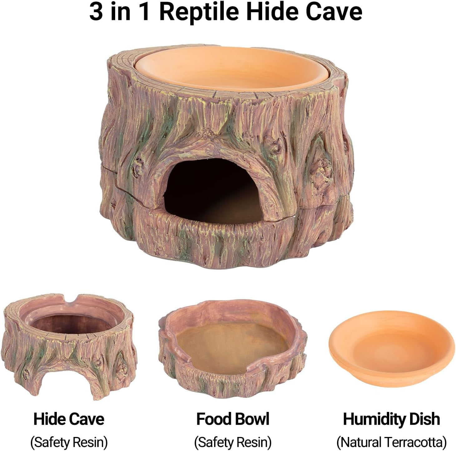 Xwl 3 in 1 Reptile Hide Cave with Detachable Base & Humidity Dish, Essential Tank Terrarium Decor Humid Hideout Accessories for Small Reptiles Crested Gecko, Leopard Gecko, Lizard, Snake, Crabs
