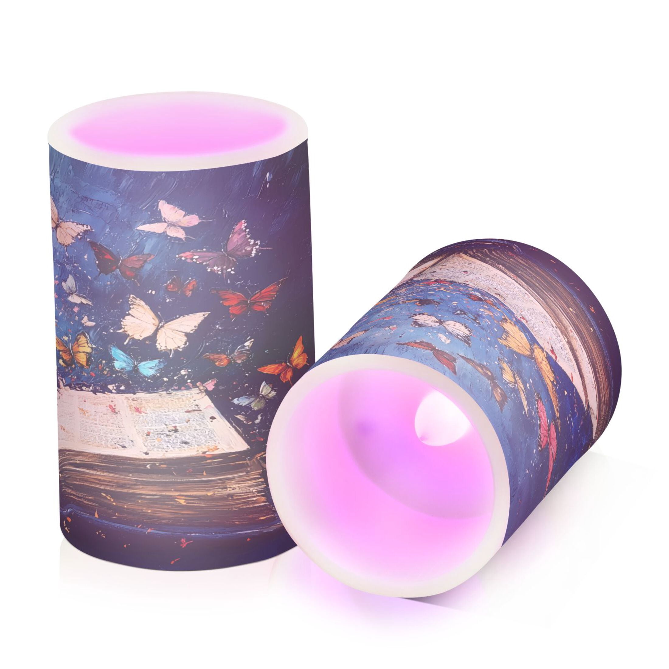 Flickering Flameless LED Candles set of 2 Battery Operated 18-Key Remotes Timer Halloween Fall Decor Colorful Butterflies Fly on Book D3''xH4''5''