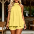 thumbnail image 4 of Karymi Short Sleeve Shirts for Women Solid 2 Piece Vacation Outfit Set, Halter Neck Sleeveless Loose Flowy Tank Top, Elastic High Waist Relaxed Fit Shorts Jumpsuits for Women Dressy, 4 of 6