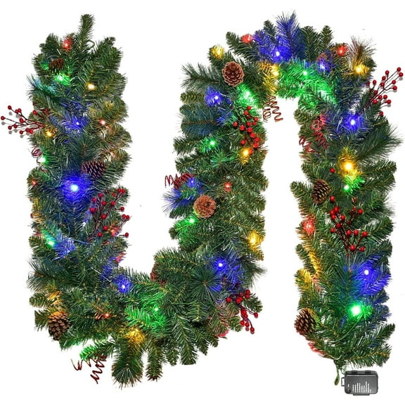 Scidweet Christmas Garland Decorations, 9ft 50 Lights Pre-Lit Artificial Christmas Garlands with 8 Lighting Modes for Outdoor Indoor Xmas Decor