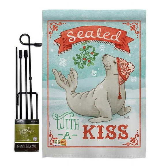 Breeze Decor BD-XM-GS-114154-IP-BO-D-US18-WA 13 x 18.5 in. Sealed with A Kiss Winter Christmas Impressions Decorative Vertical Double Sided Garden Flag Set with Banner Pole