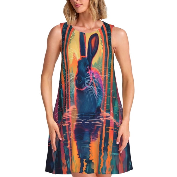 Fotbe Neon Rabbit In Archway Vestido de Verano sin Mangas para Mujer – Vestido Midi Línea A, Estilo Camiseta Floral, Vestido Playero Casual y Fluido