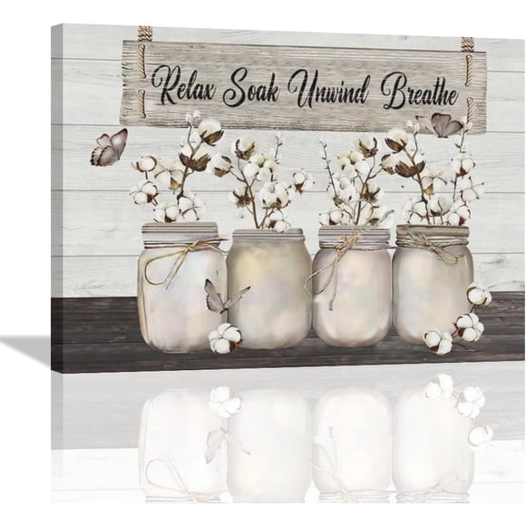 Country Bathroom Cotton Wall Art Farmhouse Cotton Bathroom Wall Decor Cotton Butterfly Relax Soak Unwind Breathe Bathroom Pictures Canvas Artwork Framed for Bathroom Laundry Bedroom Living Room