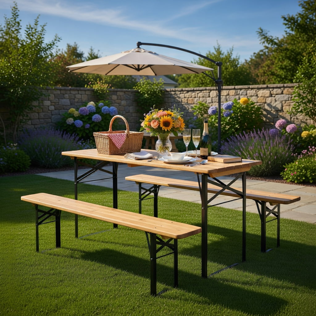 Hommoo 3-Piece Folding Wooden Picnic Table & Bench Set, Rustic Fir Wood Top with Iron Frame, Indoor/Outdoor Use, Natural