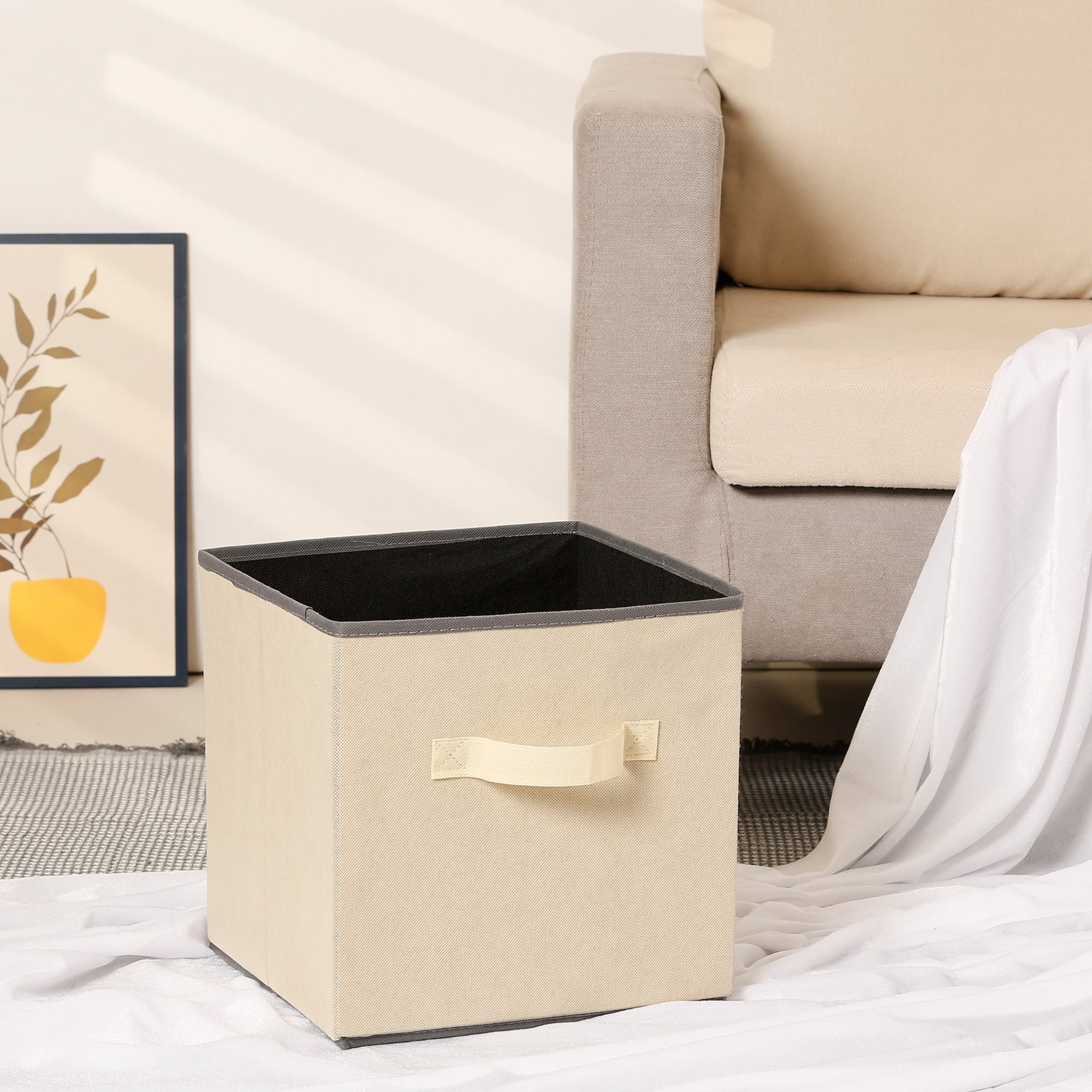Unique Bargains 3 Pcs Square Fabric Collapsible Storage Basket Bin with Handle Beige S