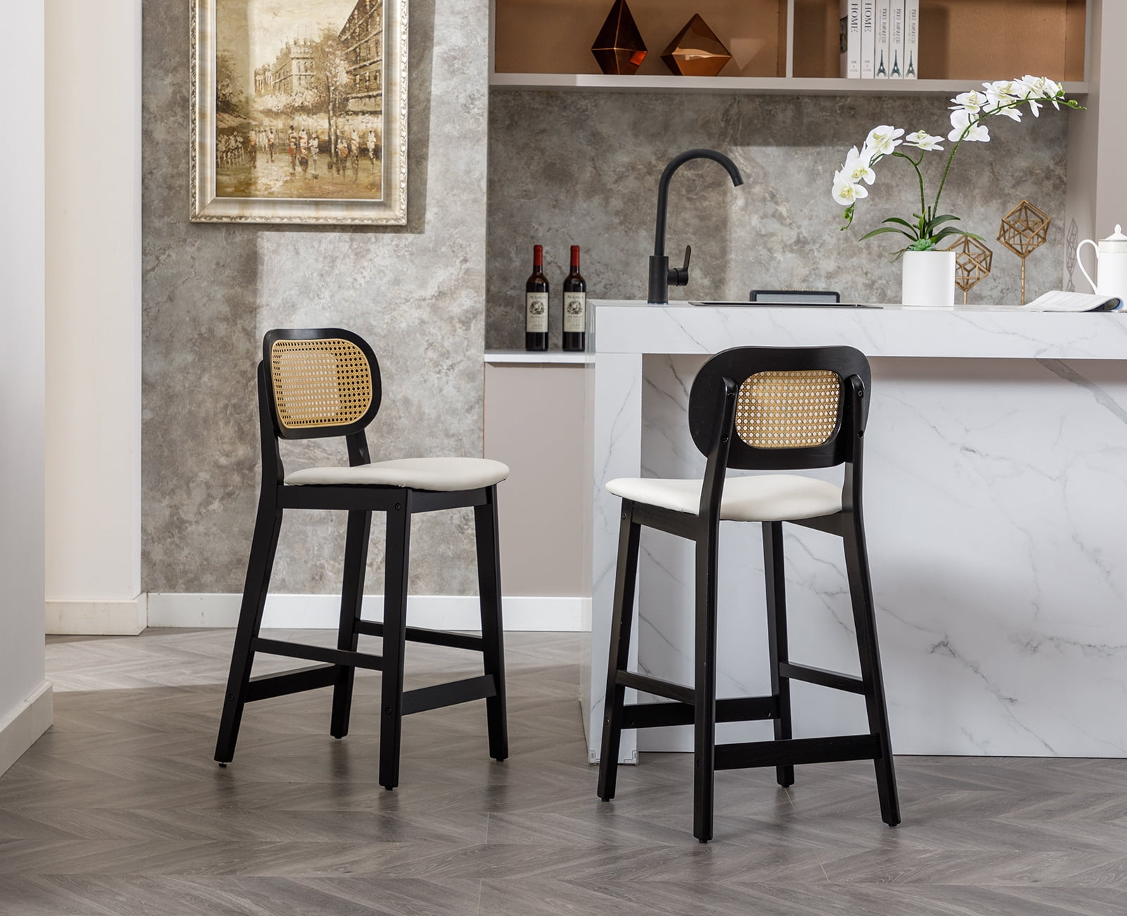 Dayalane Rattan Counter Height Bar Stools Set of 2, 26" Mid Century Modern Wood Farmhouse Barstools with Footrest, PU Upholstered Kitchen Island Chairs for Pub Restaurant, White