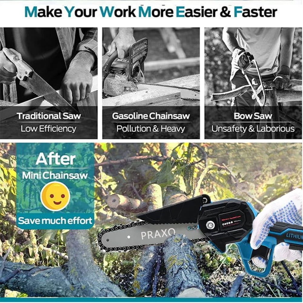 PRAXO 6" Mini Chainsaw Cordless with 2 Batteries 2 Chains, 6-inch Battery Powered Chain Saws Handheld Electric ChainSaw Cordless Battery Chainsaw Wood Cutter