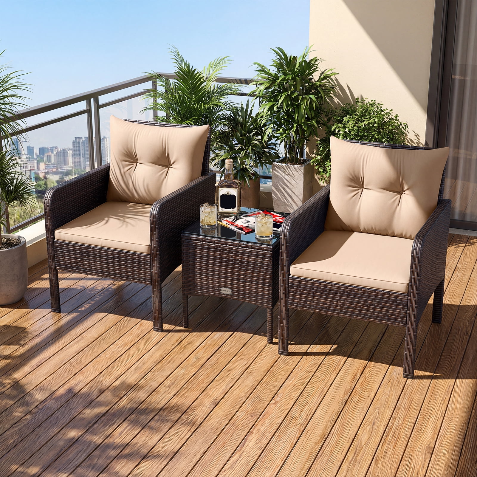 Costway 3PCS Outdoor Rattan Conversation Set Patio Garden Furniture Cushioned Sofa Chair