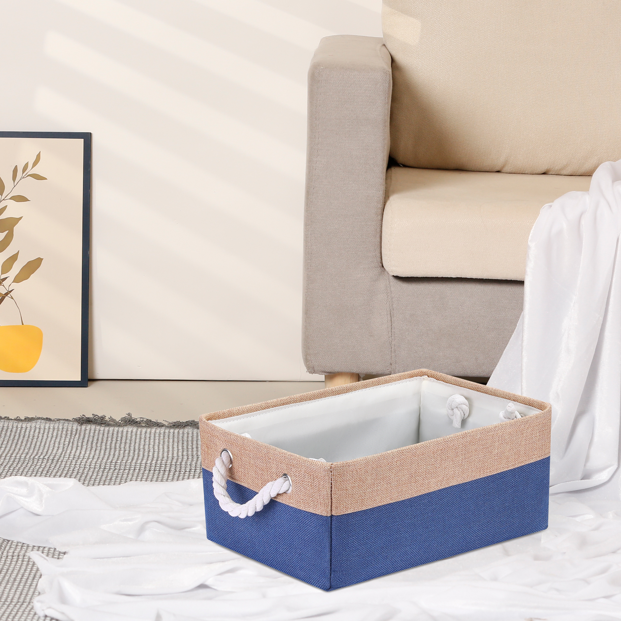Unique Bargains Storage Bin with Handle Fabric Cube Dark Blue/Brown 14*10*6.5in