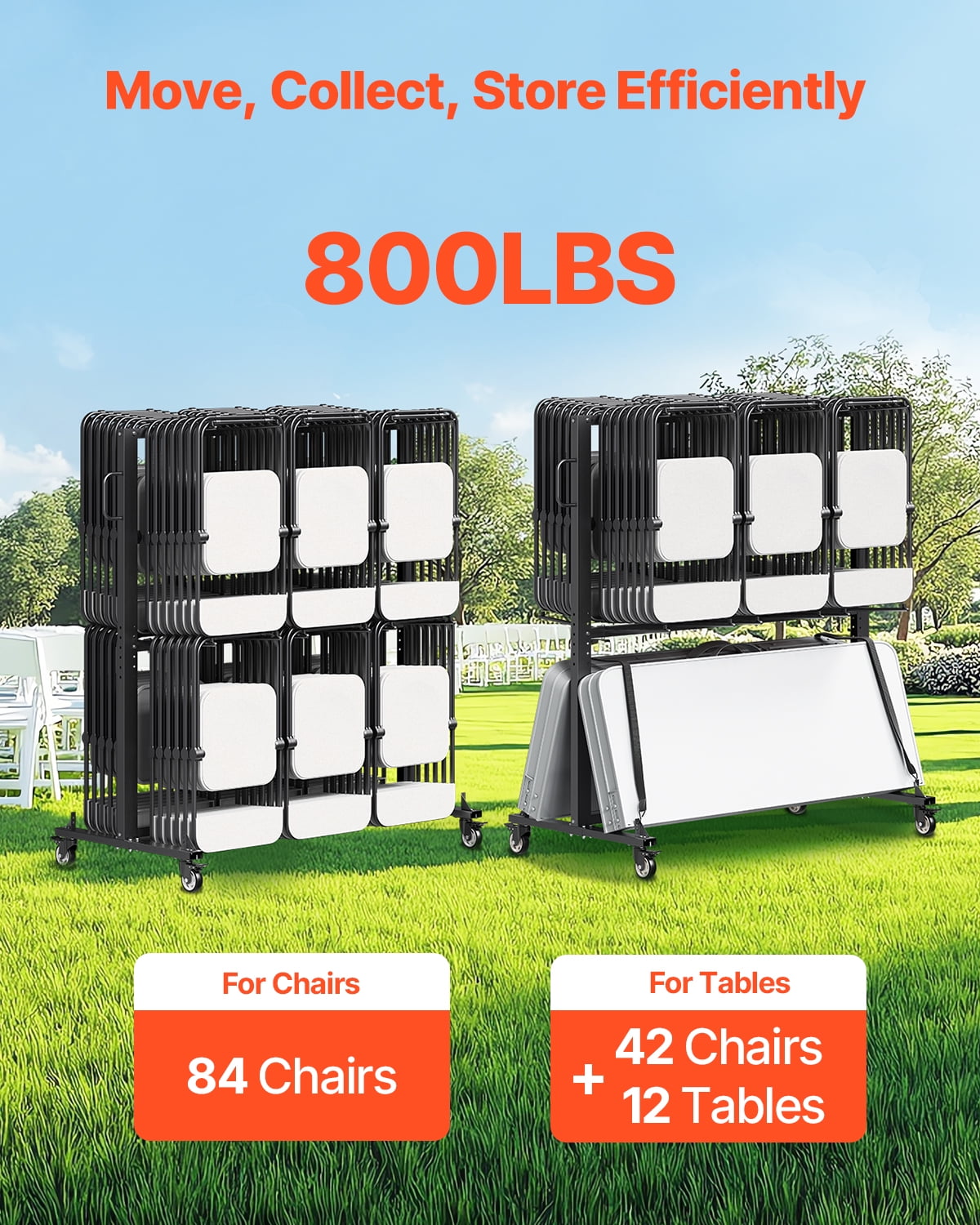 VEVOR Folding Chair Rack, 800 LBS Capacity, Heavy-duty Chair Cart for 84 Chairs/ 12 Tables+42 Chairs, Dual-layer Chair Storage Dolly with Rubber Wheels and Holders, Large Chair Holder, Matte Black