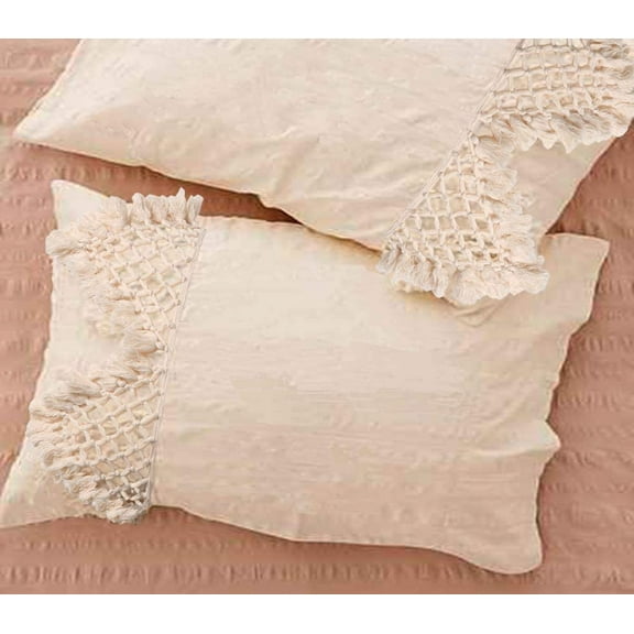 Tufted Tassel Sham Set Lattice Cotton Pillow Covers,18.9in x29.1in,Set of 2
