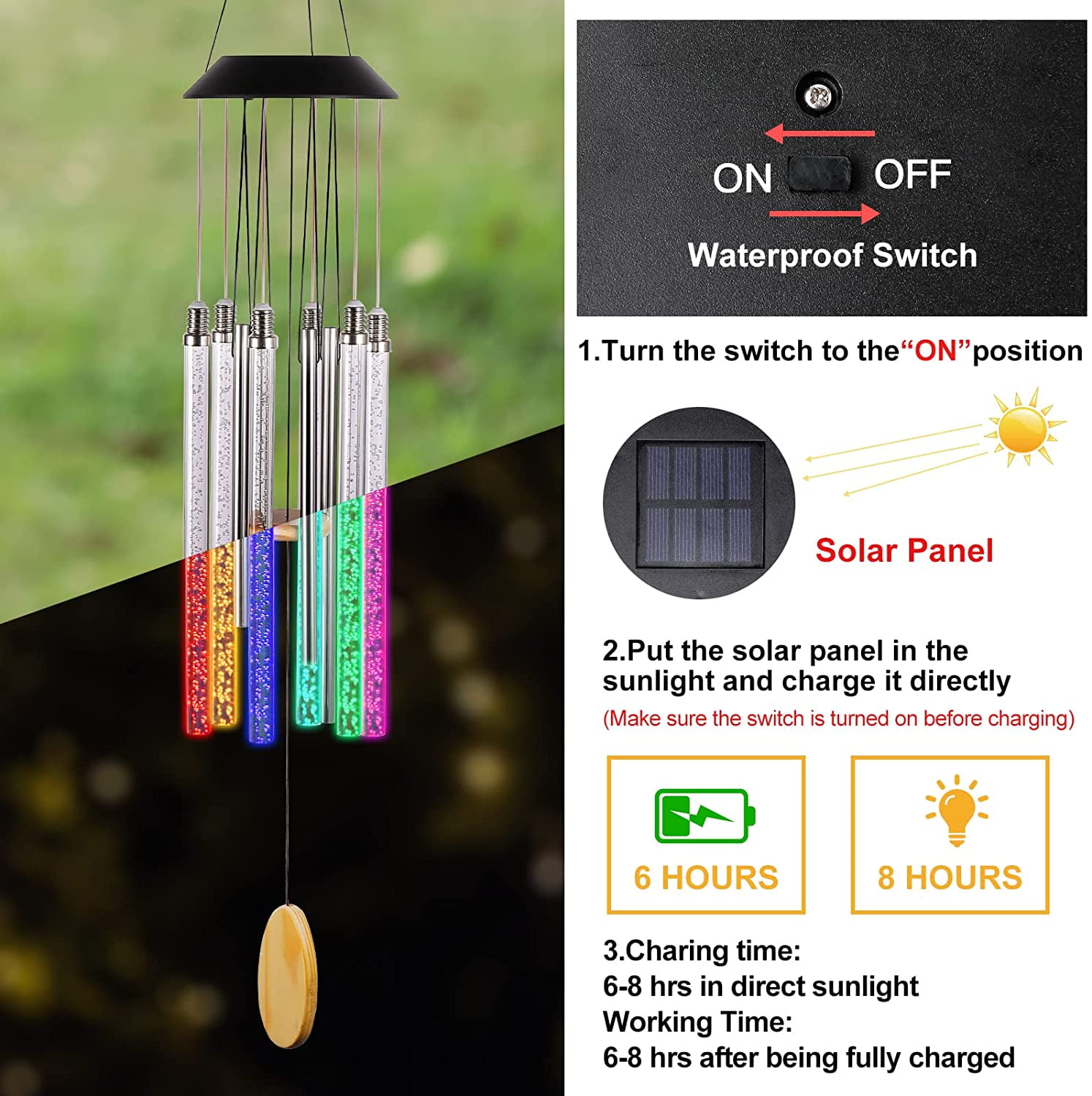 Solar Wind Chimes for Outside, 6 LED Tubes Color Changing Outdoor Clearance Unique Garden Decor Colorful Patio, Gifts for Her/Him (37" Long)