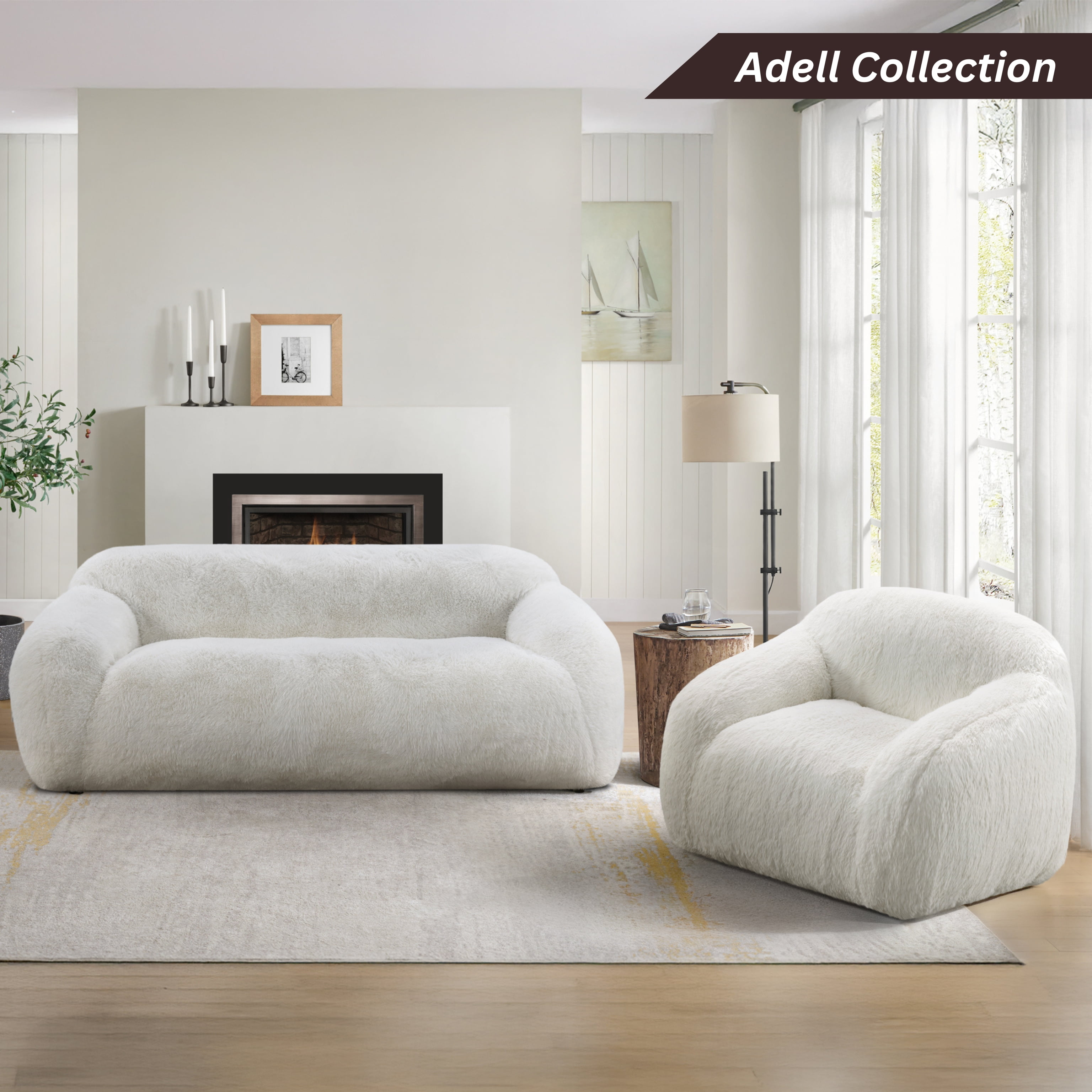 Roundhill Furniture Adell Polar Bear Faux Fur Swivel Cuddle Chair, Ivory White