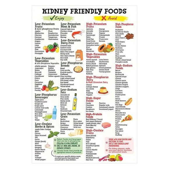 KEINXS Kidney-Friendly Diet Poster 12x18in - Unframed Food Guide and Low Potassium Grocery List for Beginners Kidney Friendly Food List Poster 12x18in Unframed Kidney Awareness Kidney Di