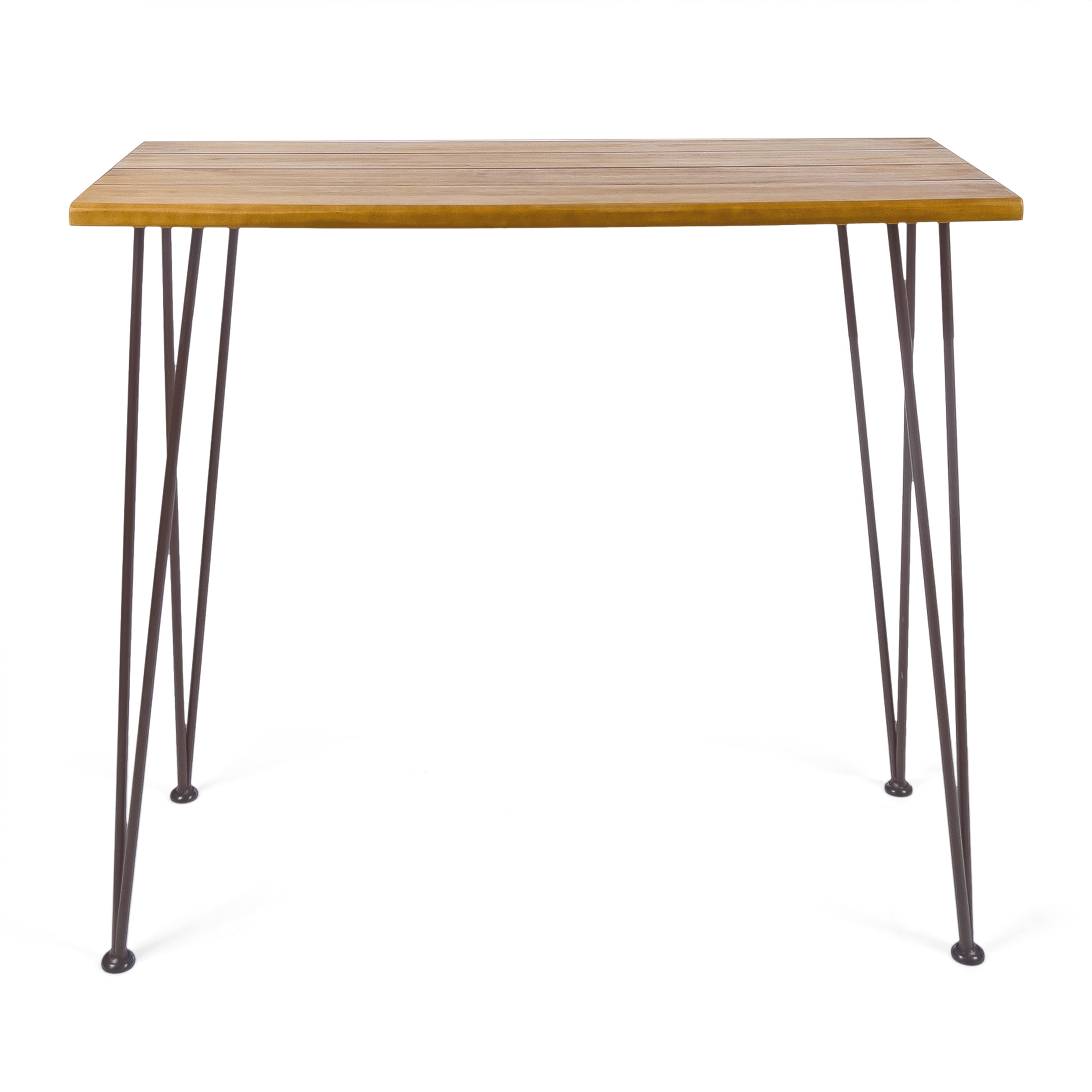 Outdoor Industrial Style Bar Height Table, Wood and Metal Combined Desktop for Patio Bar, Teak and Black