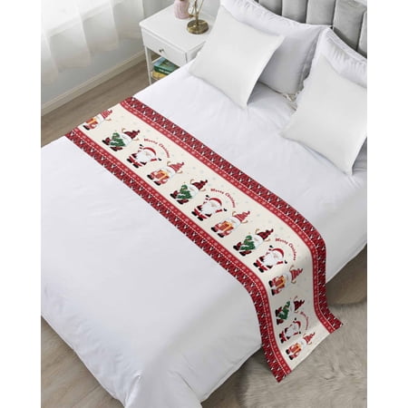 Bed Runner for Twin Size Christmas Santa Decorative Scarf Throws for Foot of Bed Xmas Gnomes Snowflake Red Plaid Beige Luxury Bedding Protector Slipcover Bedrunners for Hotel/Home 71 x 20 Inch