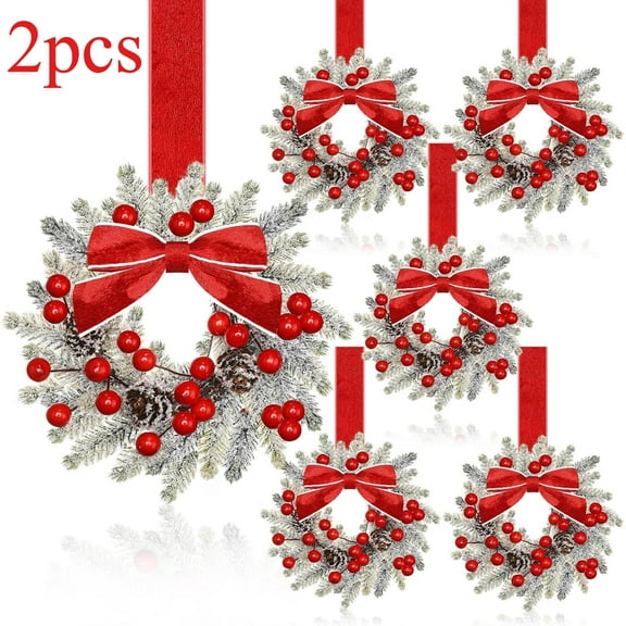2 Pcs 6 Inch Christmas Mini Cabinet Wreaths for Kitchen with Ribbon Bows Norfolk Pine Small Window Wreaths Garland for Door Window Farmhouse Christmas Party Decorations