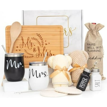 Wedding Gifts for Couple (11 Piece Set), Cool Engagement Baskets for Newlywed, Unique Mr and Mrs Box for Bride and Groom, Bridal Shower Gift for Bride To Be, His and Hers, Just Married