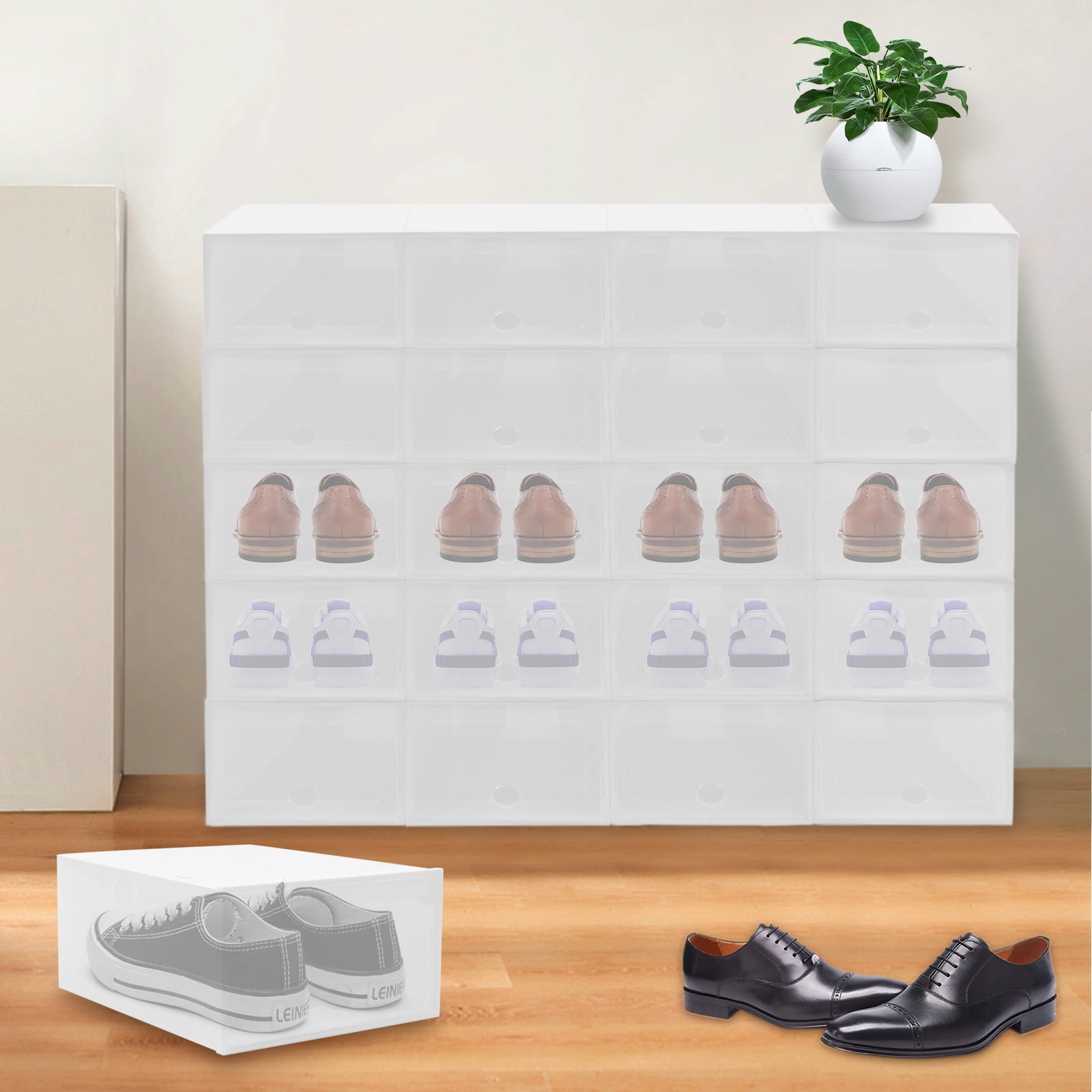 20 Pairs Modular Shoe Rack, Plastic Shoe Storage Boxes with Clear Flip Doors Stackable Shoe Orgarnizer for Closet White